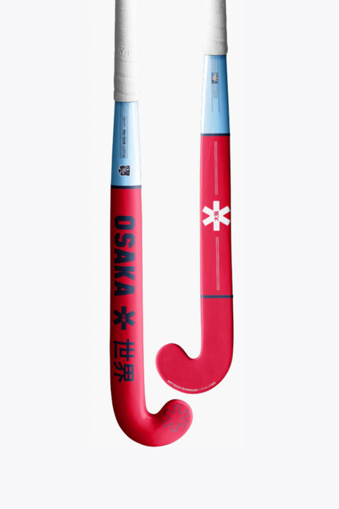 Red hockey stick blade hook with blue mid-shaft section and printed details