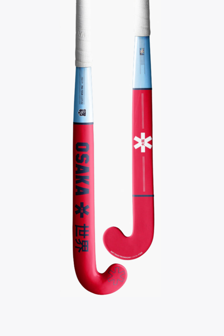 Red hockey stick blade hook with blue mid-shaft section and printed details