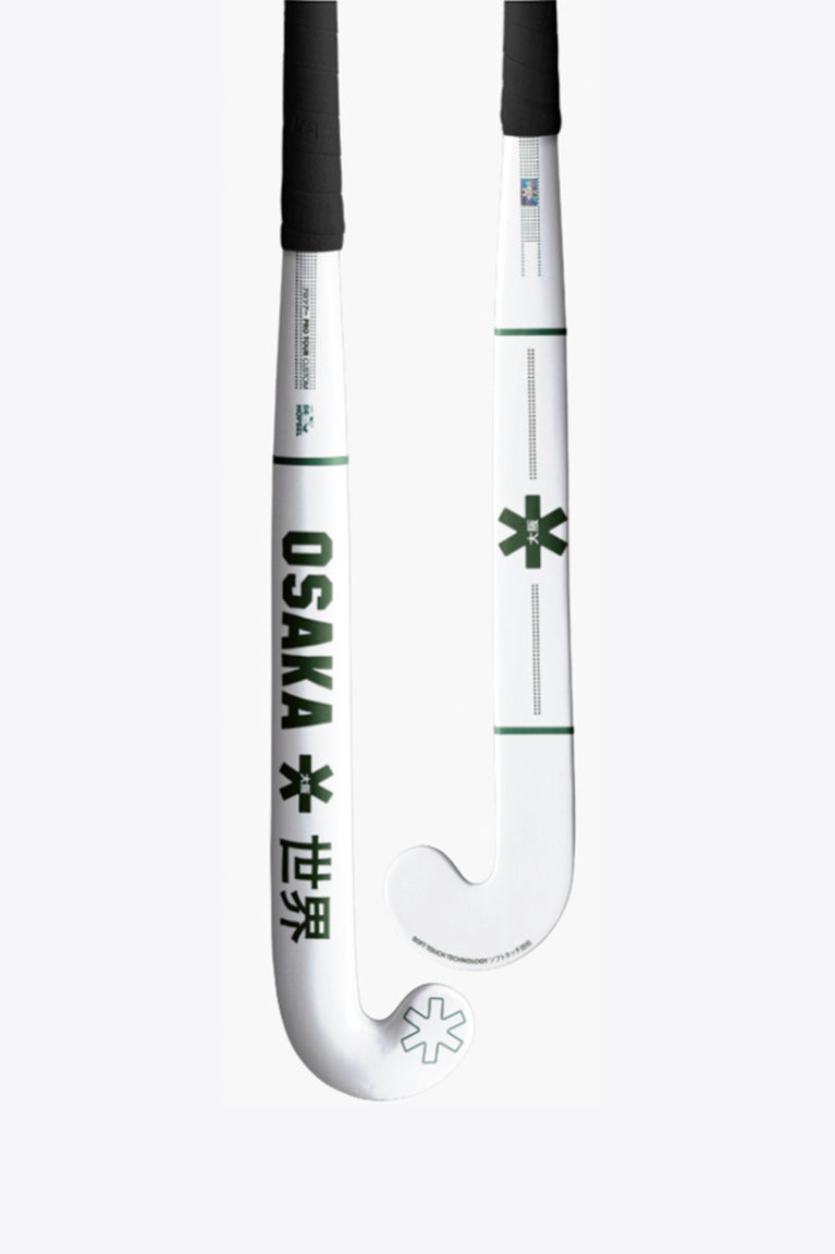 Curved hockey stick blade with white shaft and green star markings, partial view