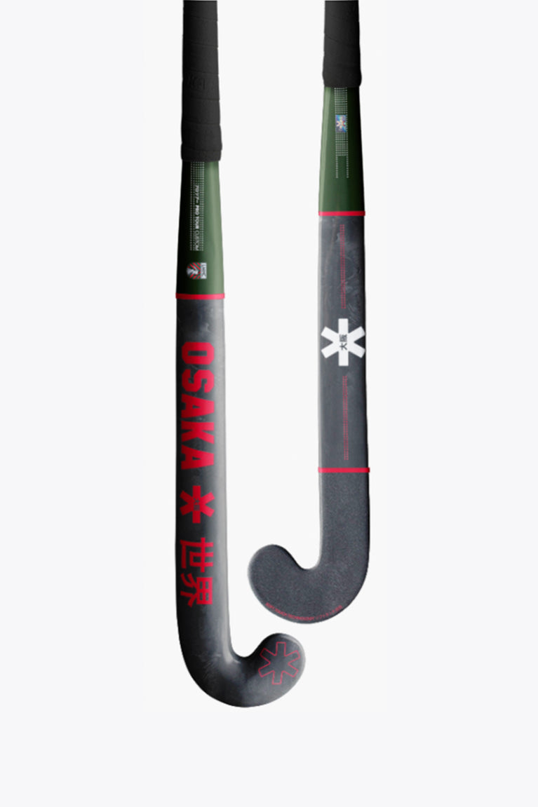 Hockey stick, black shaft and blade with red text and green accents