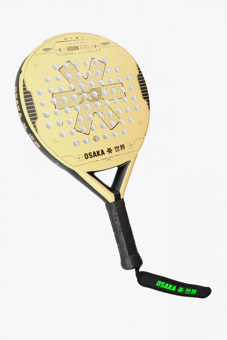 Osaka vision padel racket yellow with logo in black. Front / side view