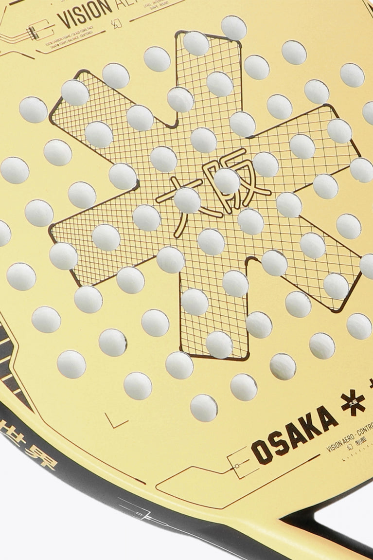 Osaka vision padel racket yellow with logo in black. Detail logo view