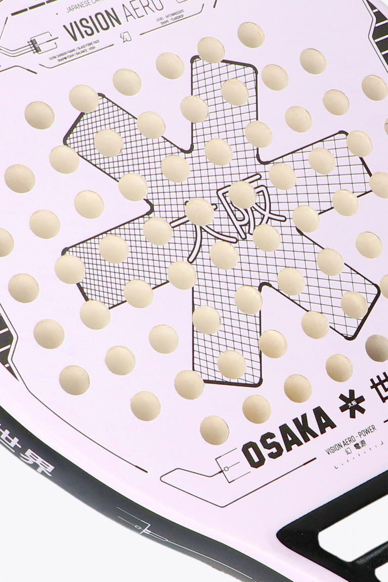 Osaka vision padel racket lila with logo in black. Detail logo view