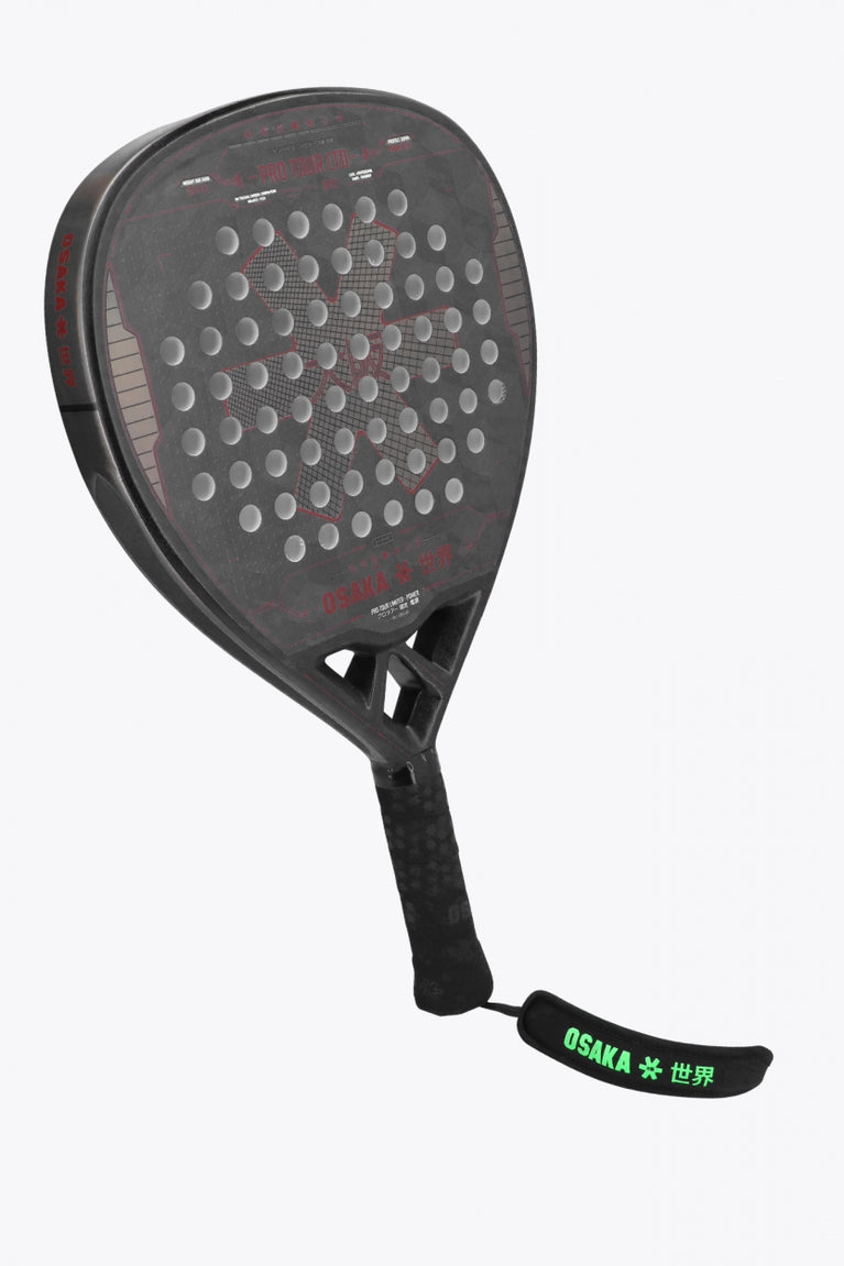 Osaka pro tour LTD padel racket grey and grey with logo in white and red. Front / side view