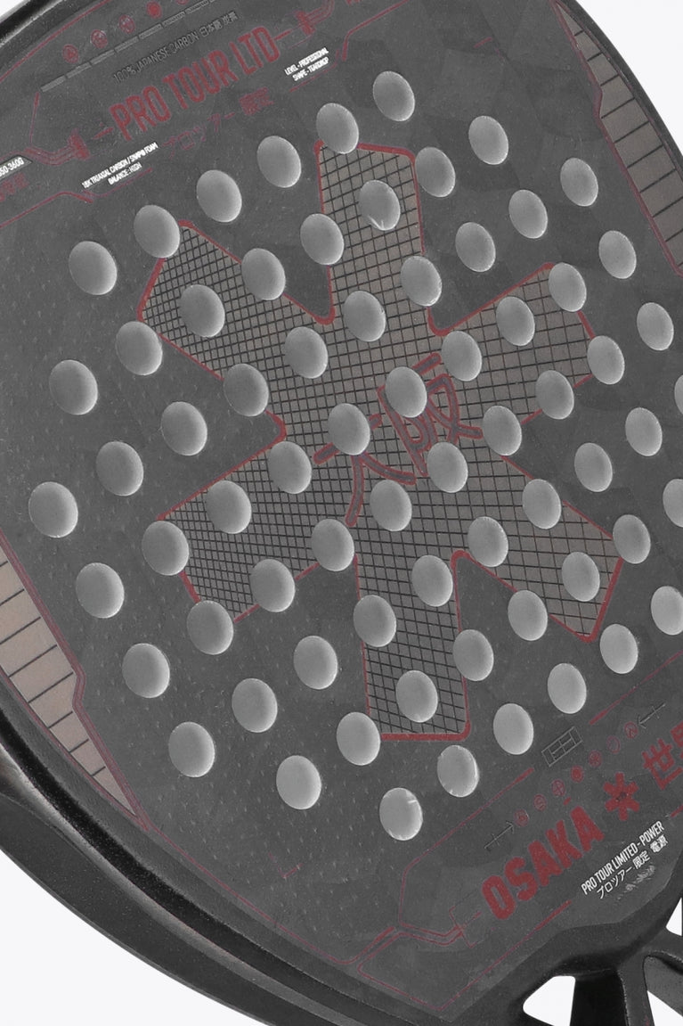 Osaka pro tour LTD padel racket grey and grey with logo in white and red. Detail logo view