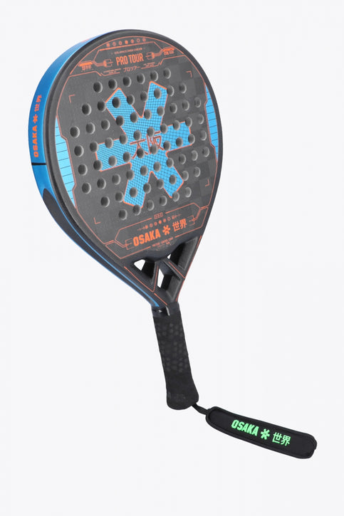 Osaka pro tour padel racket orange and black with logo in blue. Front view