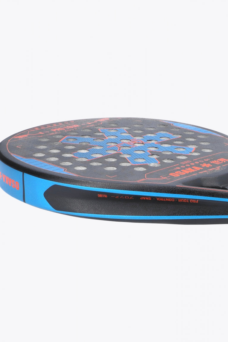 Osaka pro tour padel racket orange and black with logo in blue. Side view