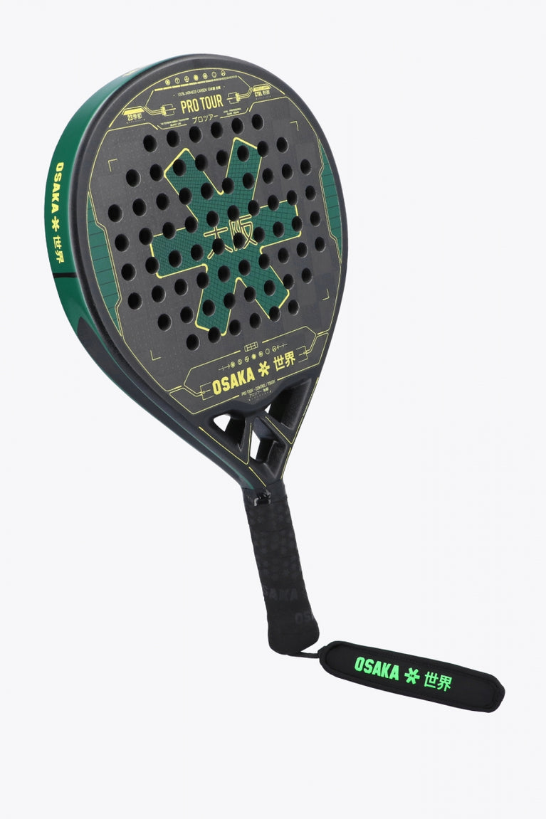 Osaka pro tour padel racket green and black with logo in green. Front / side view