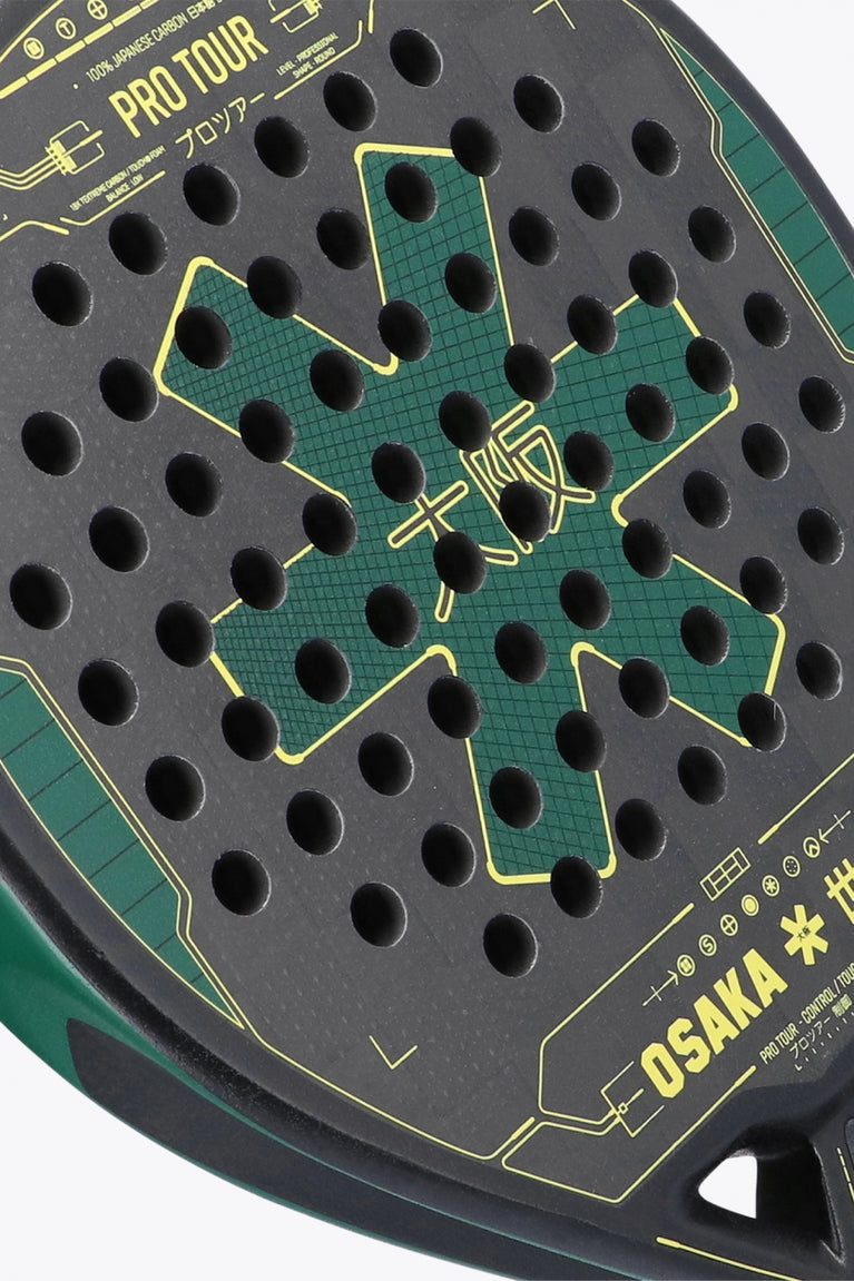 Osaka pro tour padel racket green and black with logo in green. Detail logo view