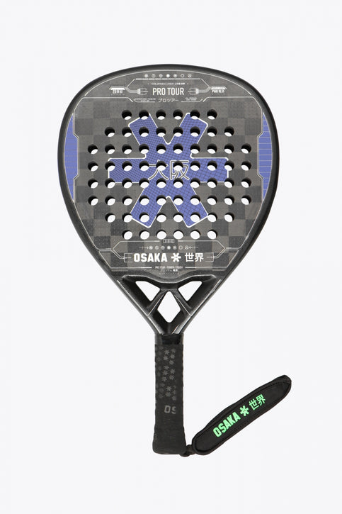 Osaka pro tour padel racket black with logo in blue/purple. Front view
