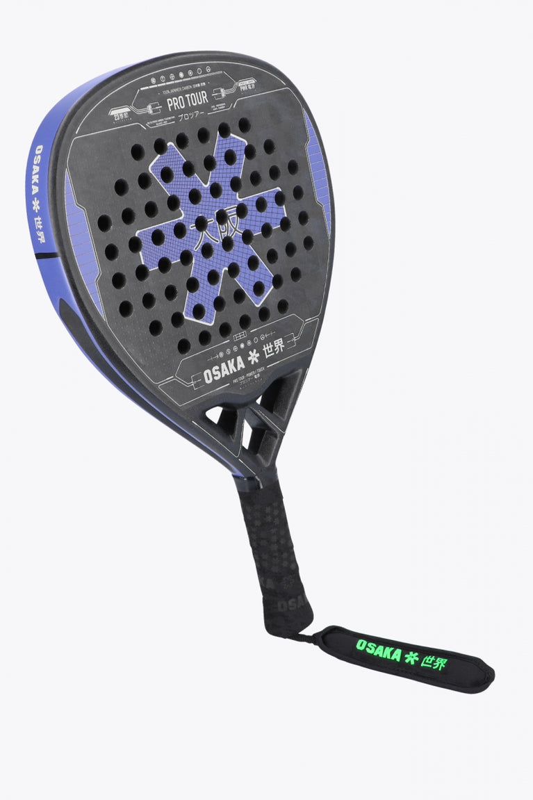 Osaka pro tour padel racket black with logo in blue/purple. Side / front view