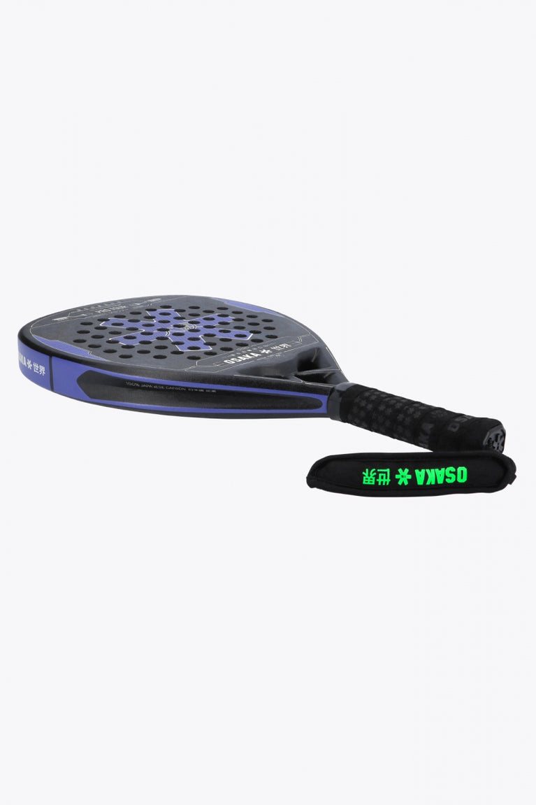Osaka pro tour padel racket black with logo in blue/purple. Side view
