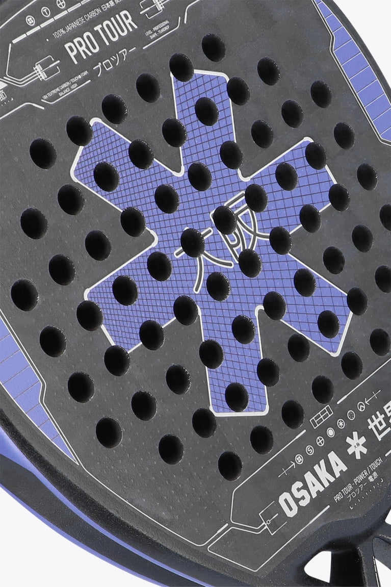 Osaka pro tour padel racket black with logo in blue/purple. Detail logo view