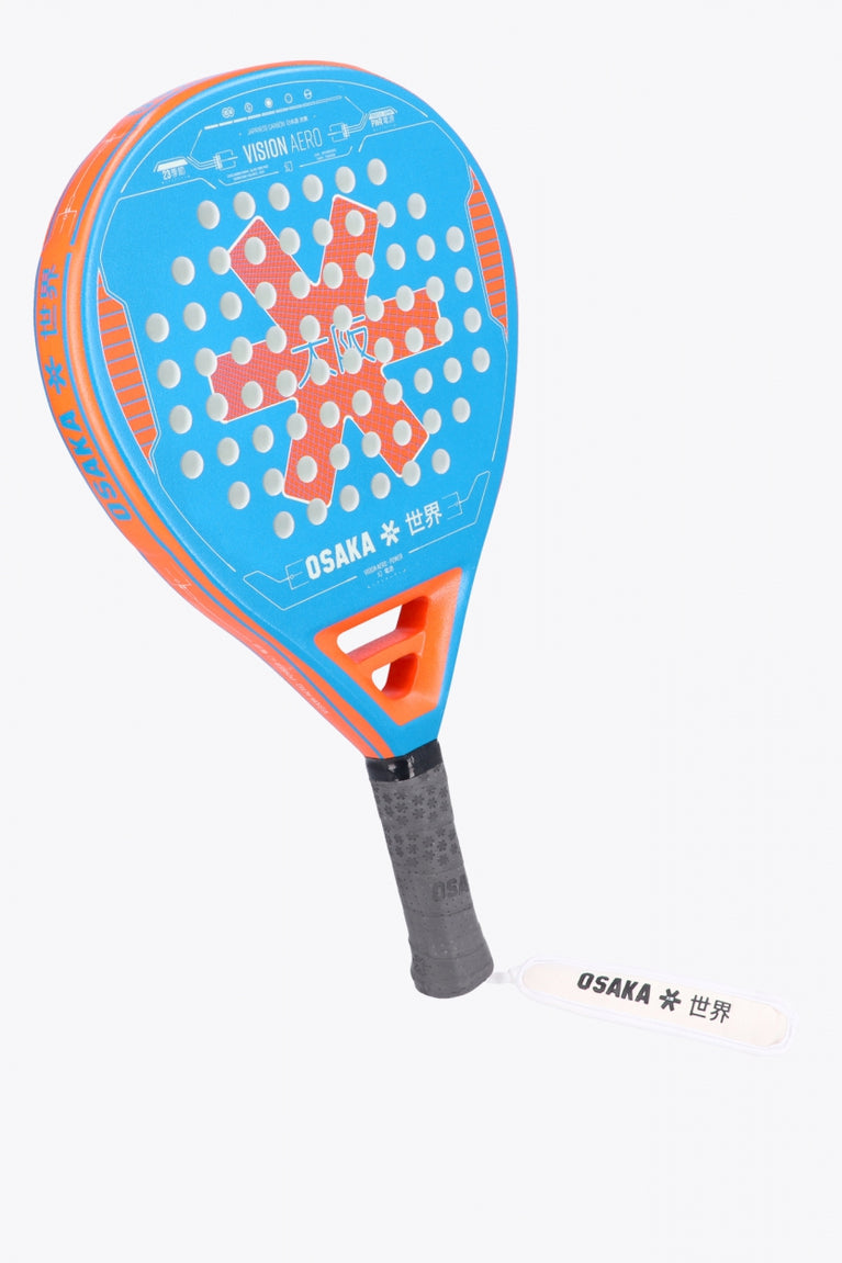 Osaka vision aero padel racket orange and blue with logo in orange. Front / side view