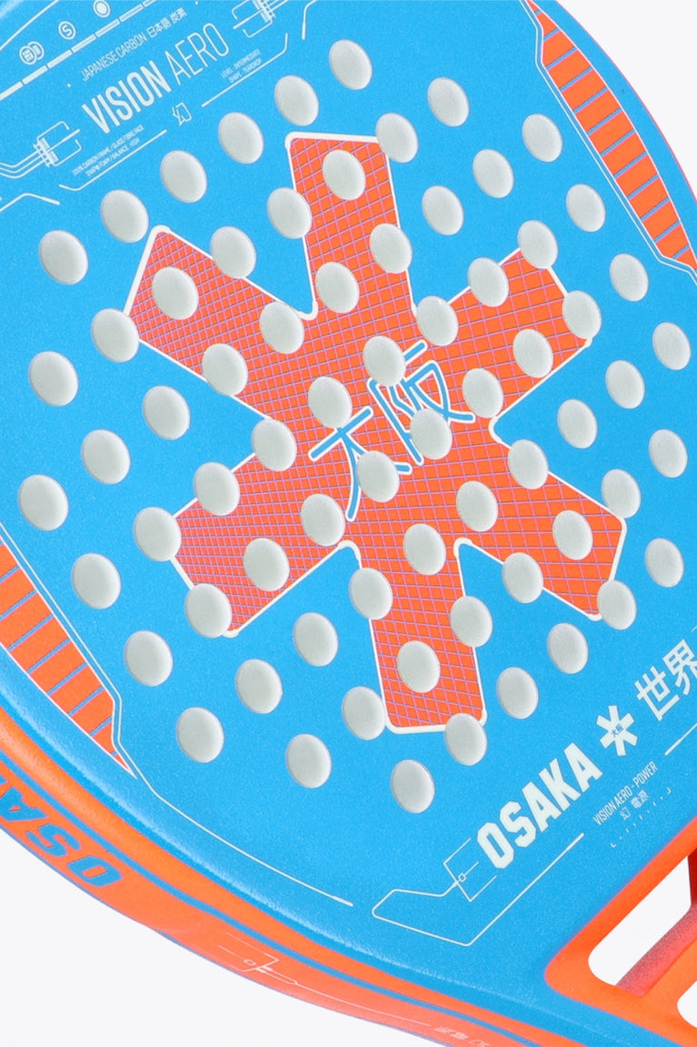 Osaka vision aero padel racket orange and blue with logo in orange. Detail logo view