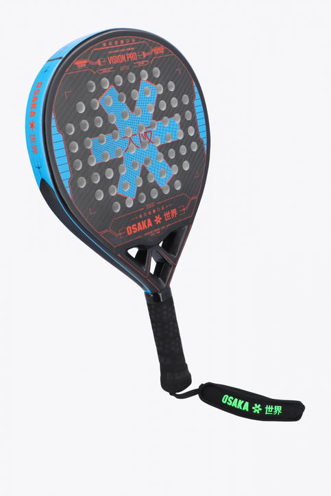 Osaka vision pro padel racket in black and orange with logo in blue. Front view