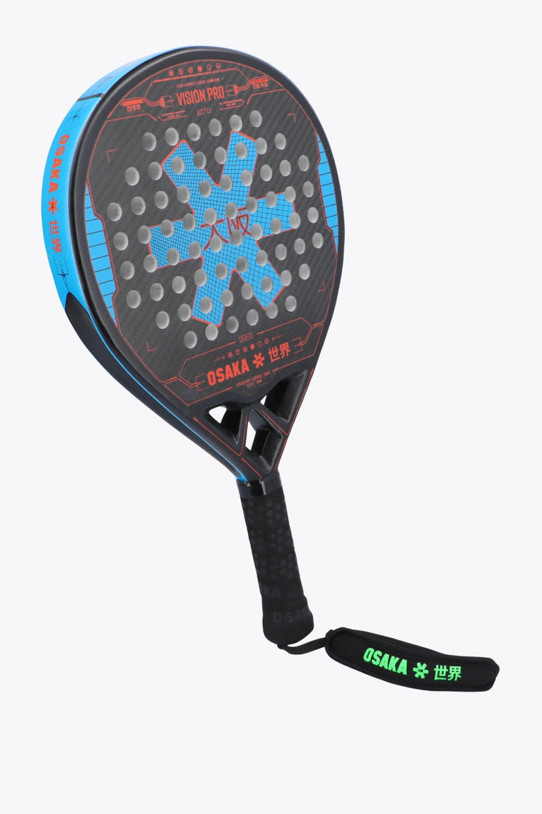 Osaka vision pro padel racket in black and orange with logo in blue. Front / side view