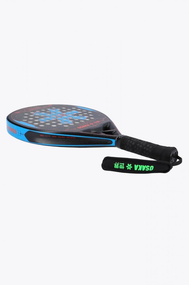 Osaka vision pro padel racket in black and orange with logo in blue. Side view