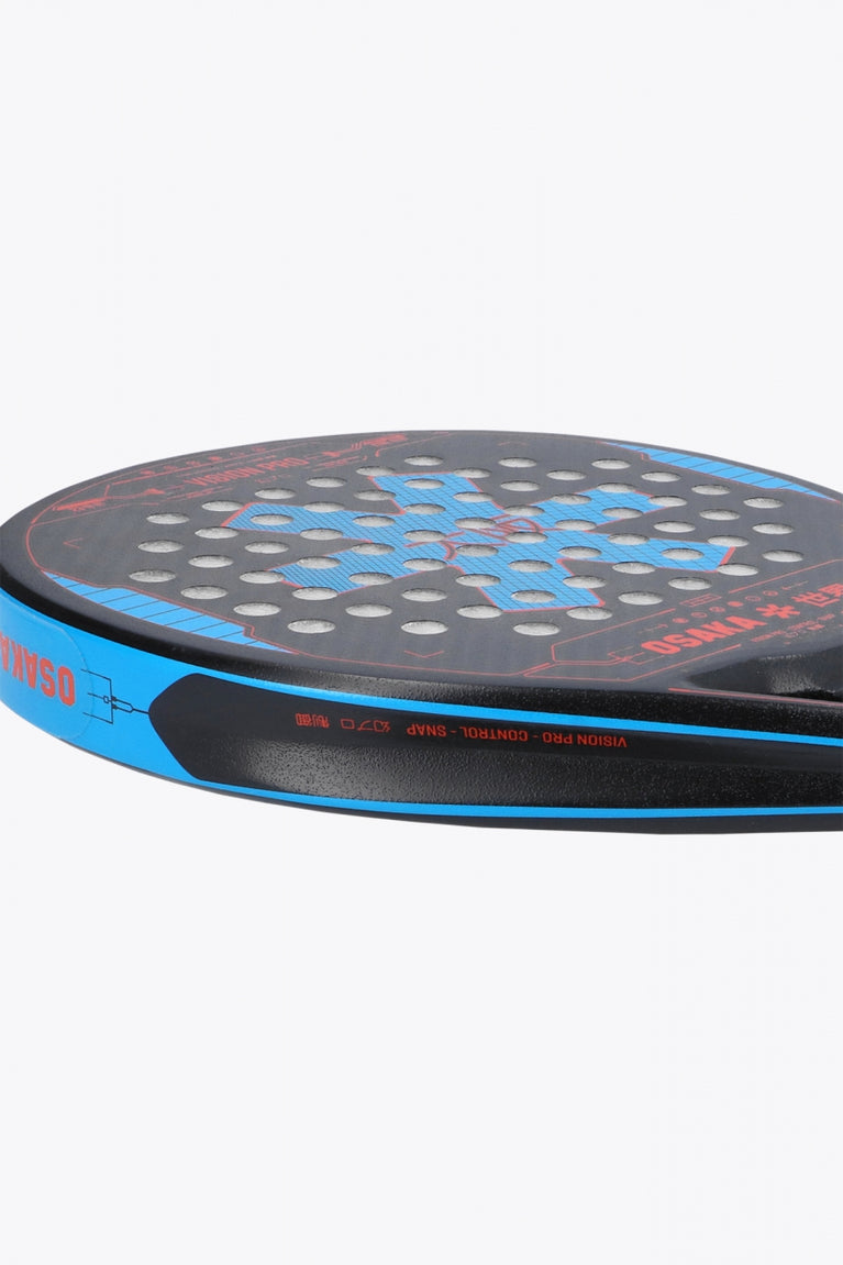 Osaka vision pro padel racket in black and orange with logo in blue. Side view