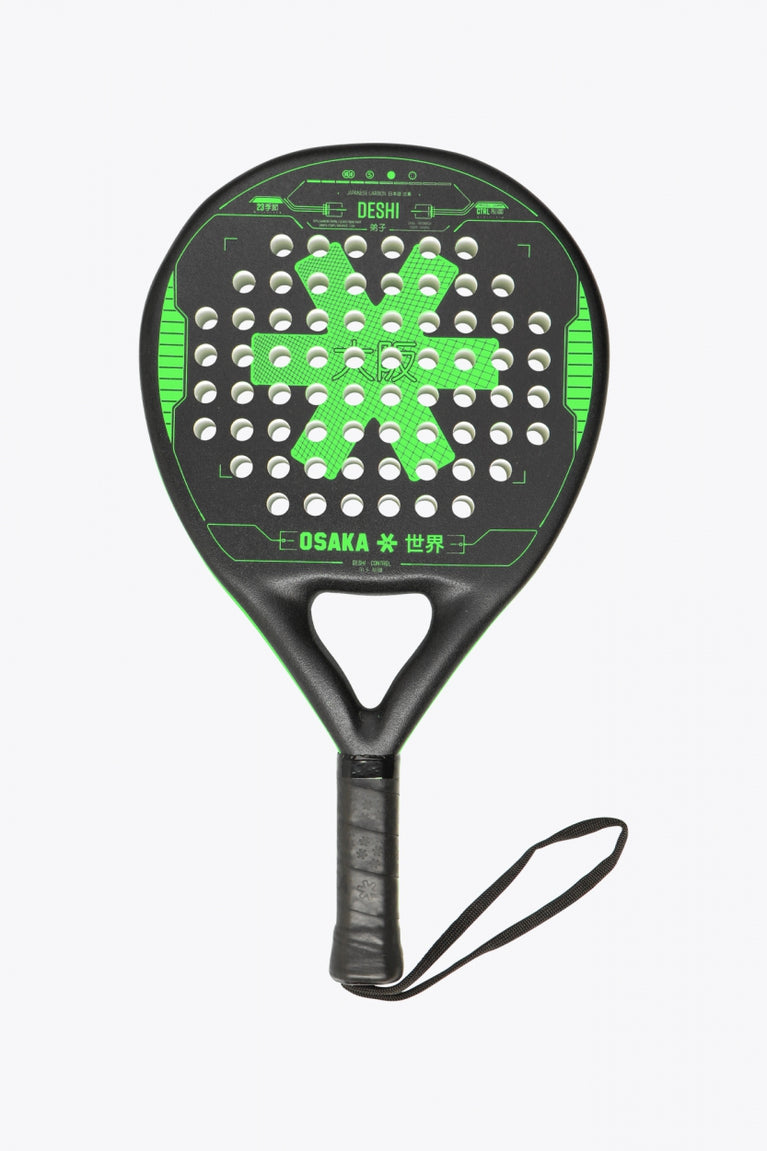 Osaka Deshi padel racket black with logo in green. Front view