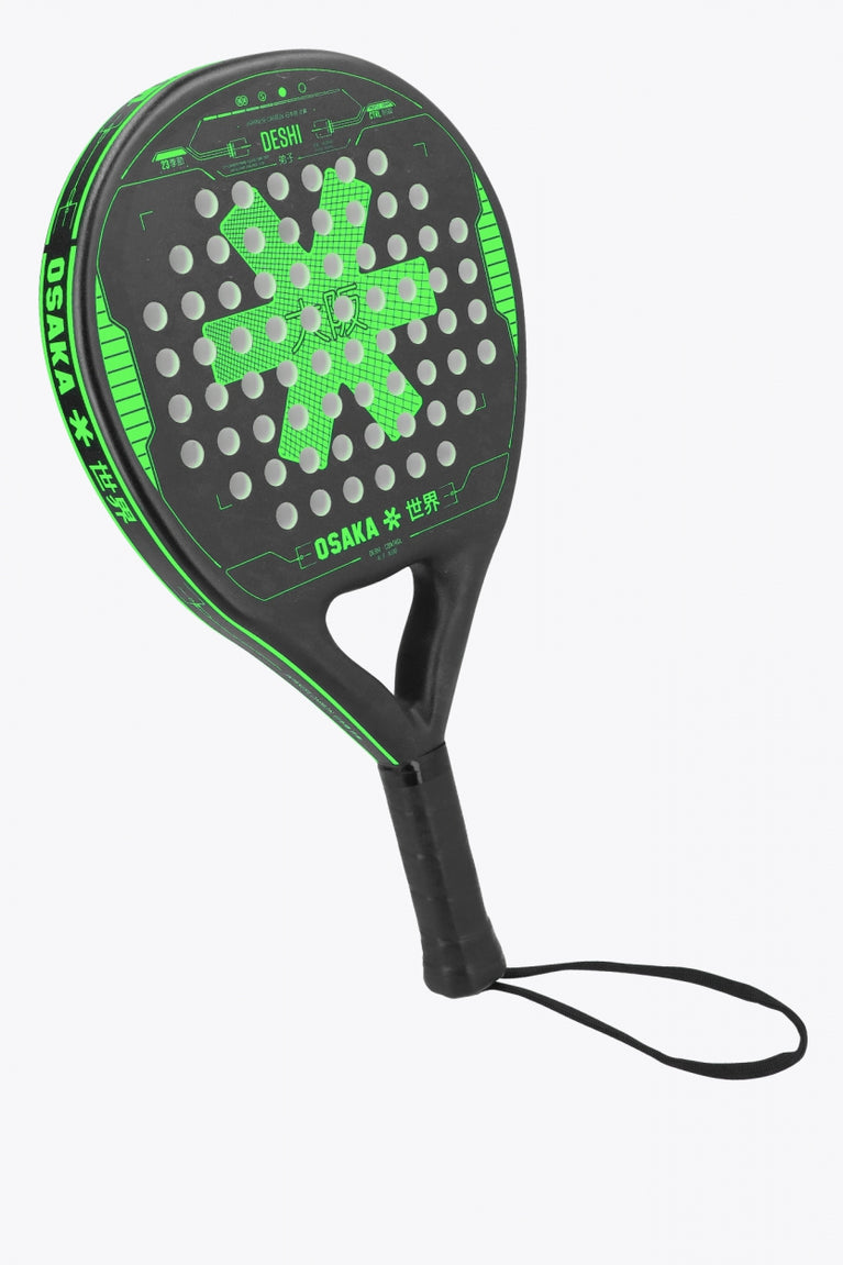 Osaka Deshi padel racket black with logo in green. Front / side view