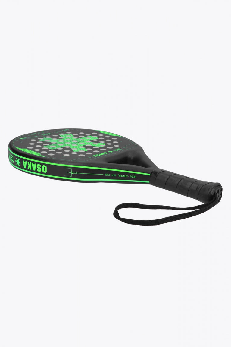 Osaka Deshi padel racket black with logo in green. Side view