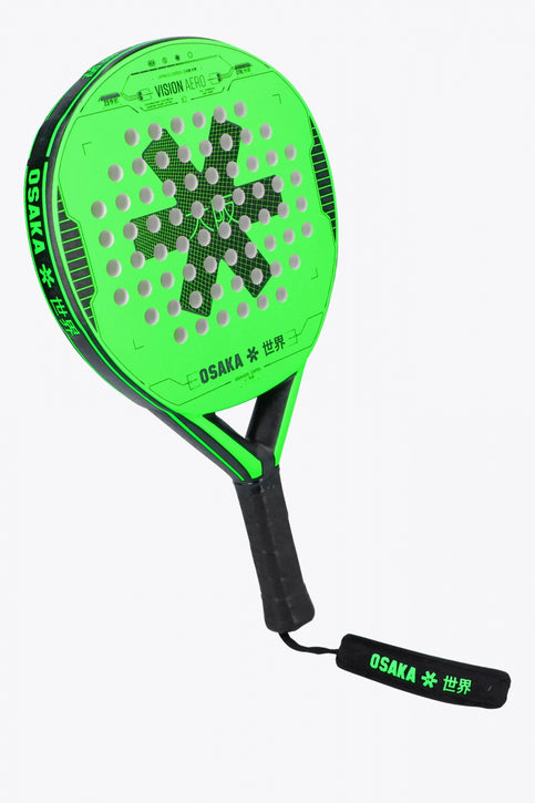 Osaka vision aero padel racket black and green with logo in black. Front view