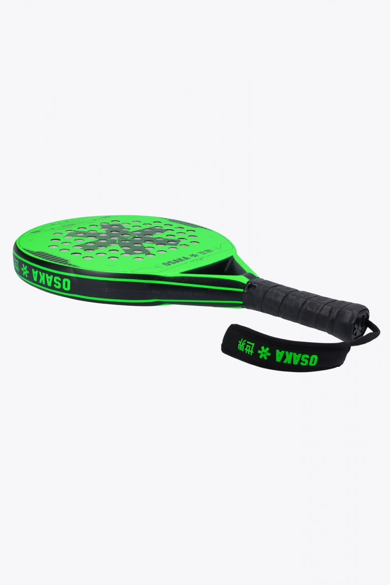 Osaka vision aero padel racket black and green with logo in black. Side view