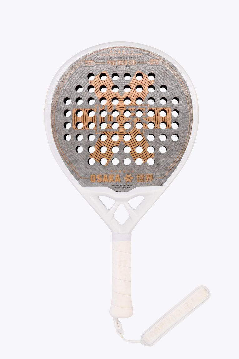 Osaka pro tour LTD padel racket white and grey with logo in orange. Front view
