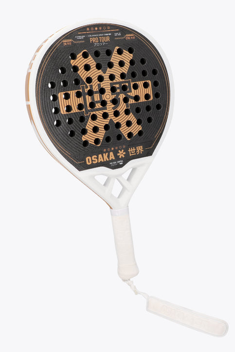 Osaka pro tour padel racket white and black with logo in orange. Front view