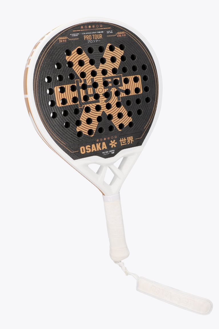 Osaka pro tour padel racket white and black with logo in orange. Front / side view