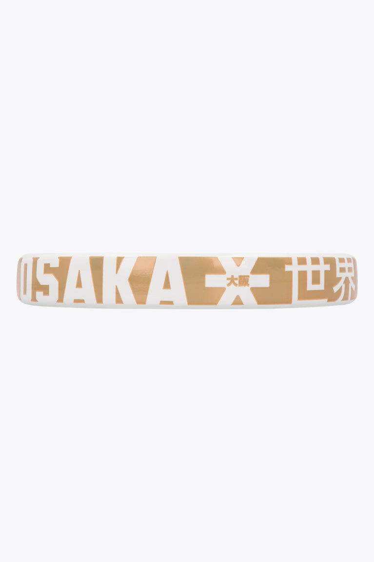 Osaka pro tour padel racket white and black with logo in orange. Detail side view