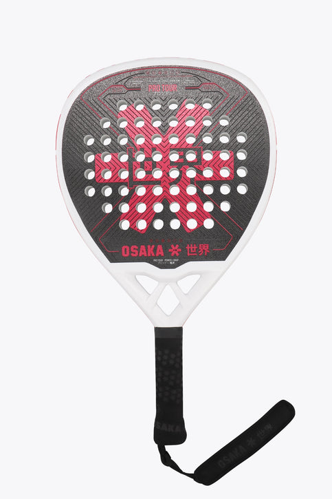 Osaka pro tour padel racket white and black with logo in pink. Front view