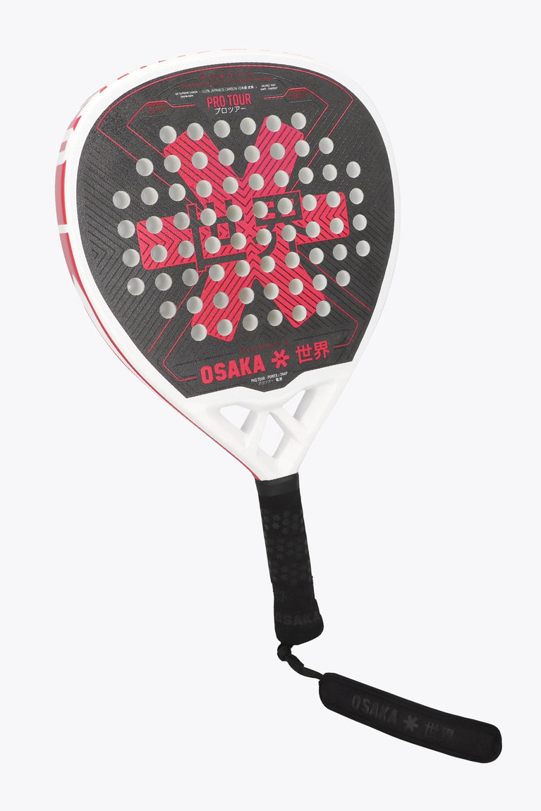 Osaka pro tour padel racket white and black with logo in pink. Front / sideview