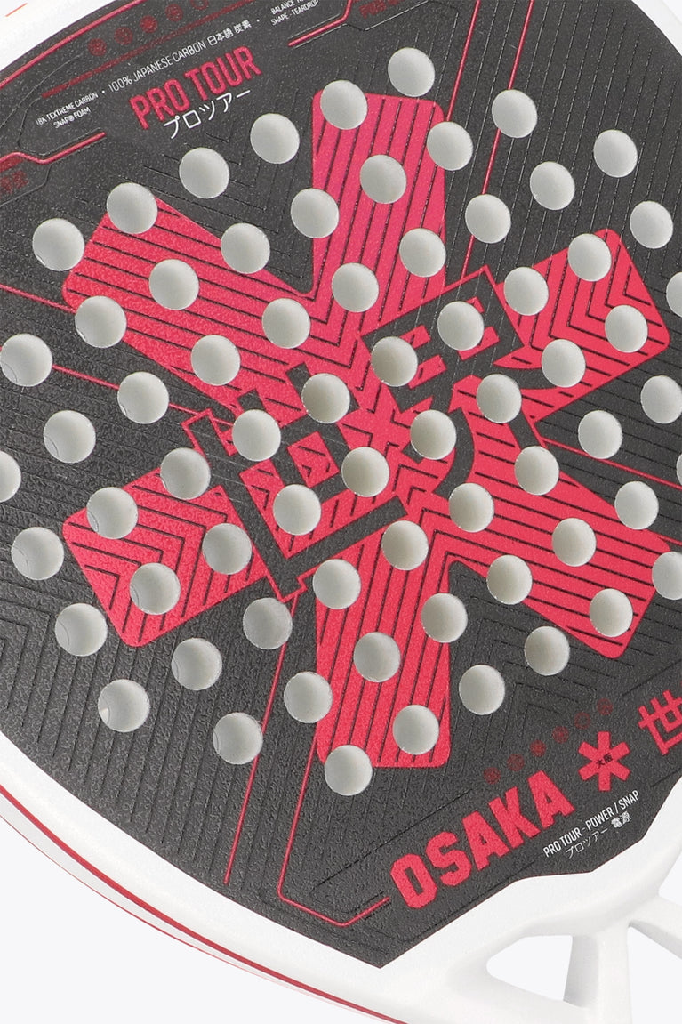 Osaka pro tour padel racket white and black with logo in pink. Detail logo view