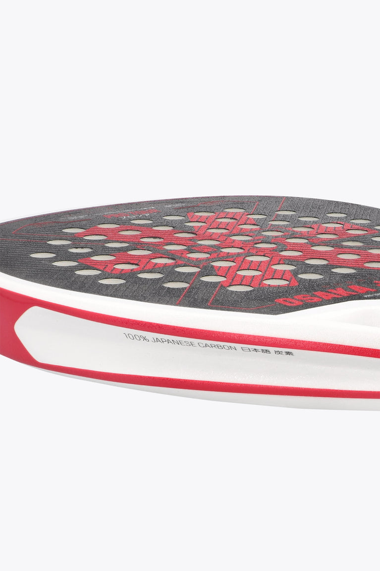 Osaka pro tour padel racket white and black with logo in pink. Detail side view