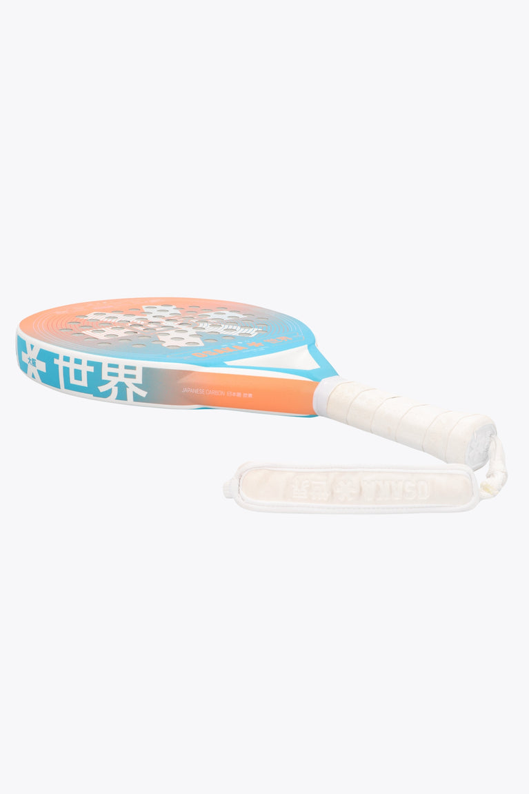 Osaka vision aero padel racket orange and blue and with logo in white. Side view
