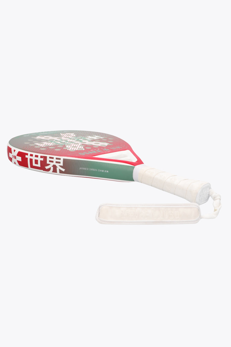 Osaka vision aero padel racket green and red with logo in white. Side view
