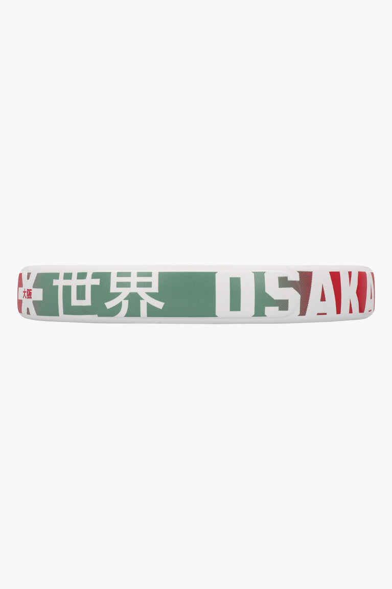 Osaka vision aero padel racket green and red with logo in white. Detail side logo view