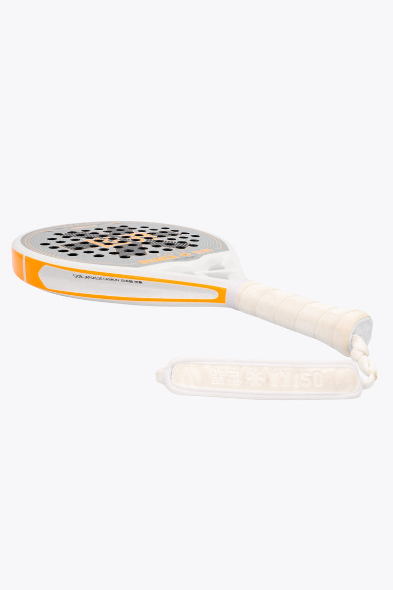 Osaka vision pro padel racket in white and orange with logo in black. Side view