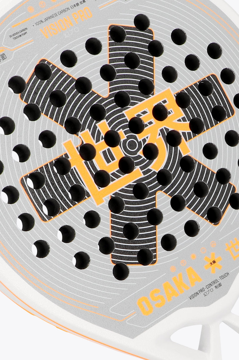 Osaka vision pro padel racket in white and orange with logo in black. Detail logo view