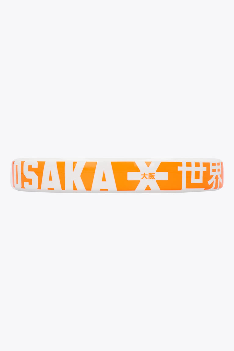 Osaka vision pro padel racket in white and orange with logo in black. Detail side logo view