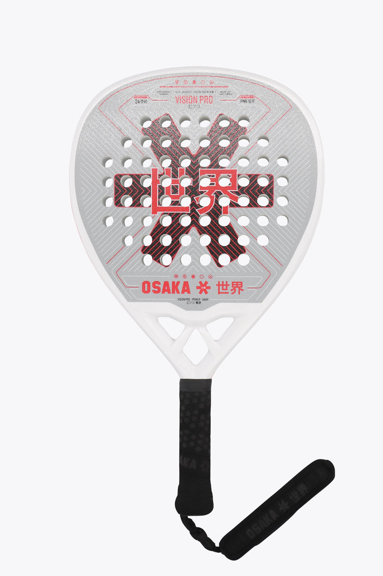 Osaka vision pro padel racket in white and red with logo in black and red. Front view