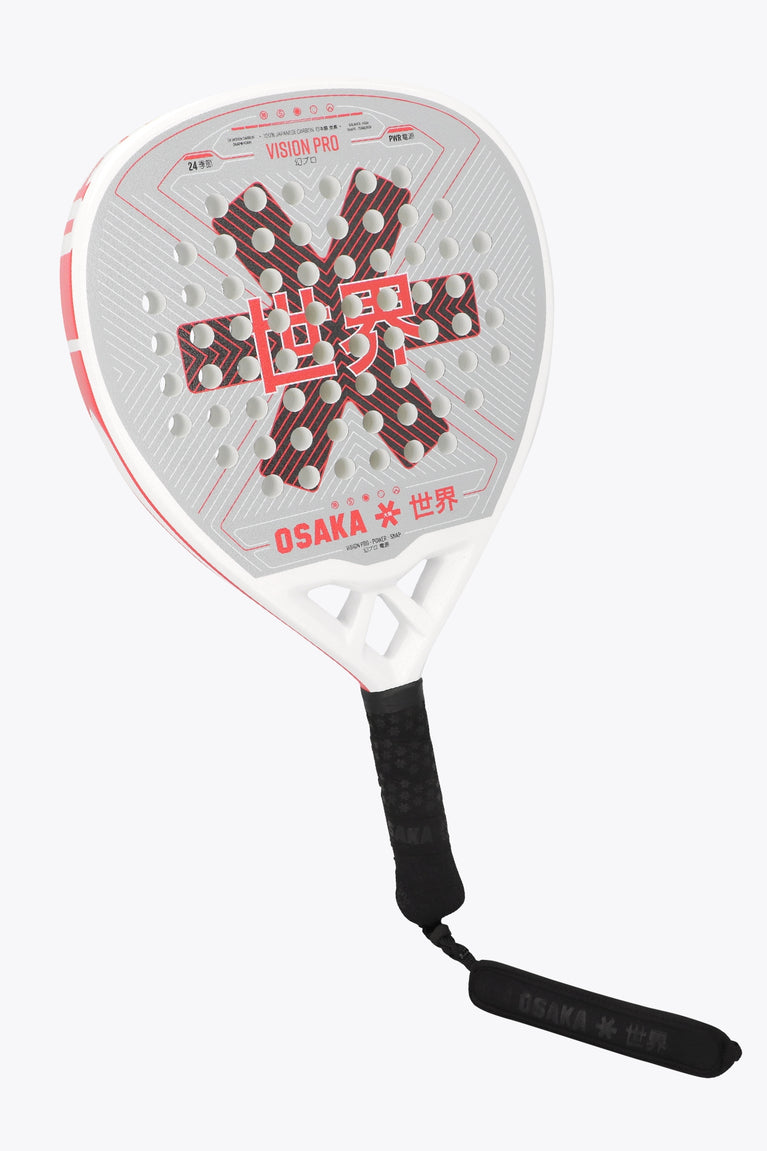 Osaka vision pro padel racket in white and red with logo in black and red. Front view