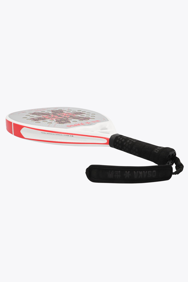 Osaka vision pro padel racket in white and red with logo in black and red. Side view