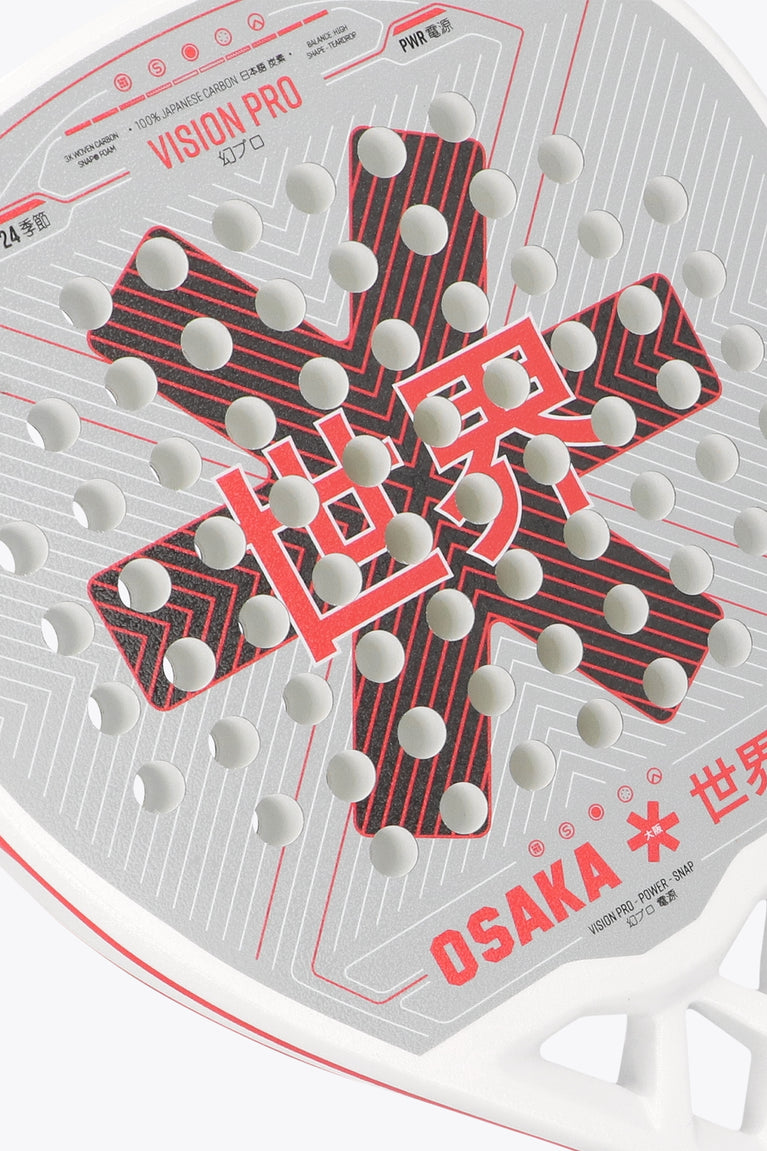 Osaka vision pro padel racket in white and red with logo in black and red. Detail logo view