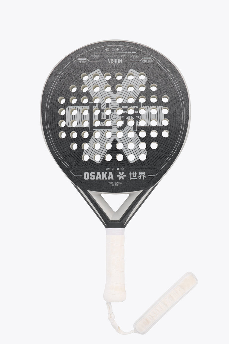 Osaka vision padel racket black and white with logo in grey. Front view
