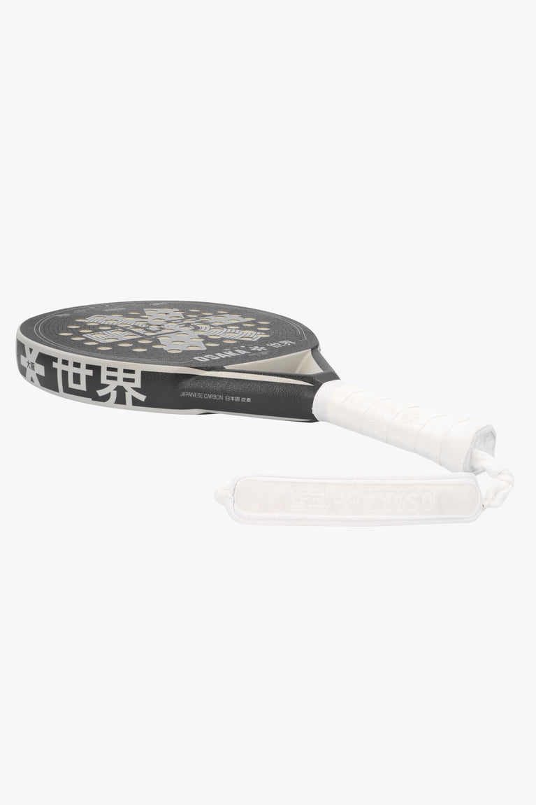 Osaka vision padel racket black and white with logo in grey. Side view