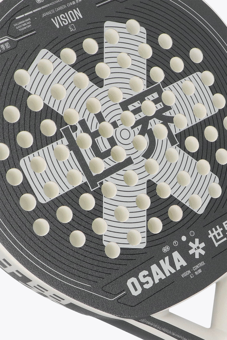Osaka vision padel racket black and white with logo in grey. Detail logo view