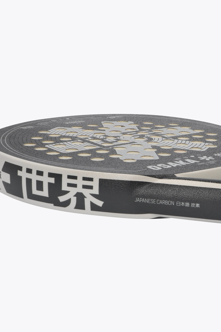 Osaka vision padel racket black and white with logo in grey. Side detail view
